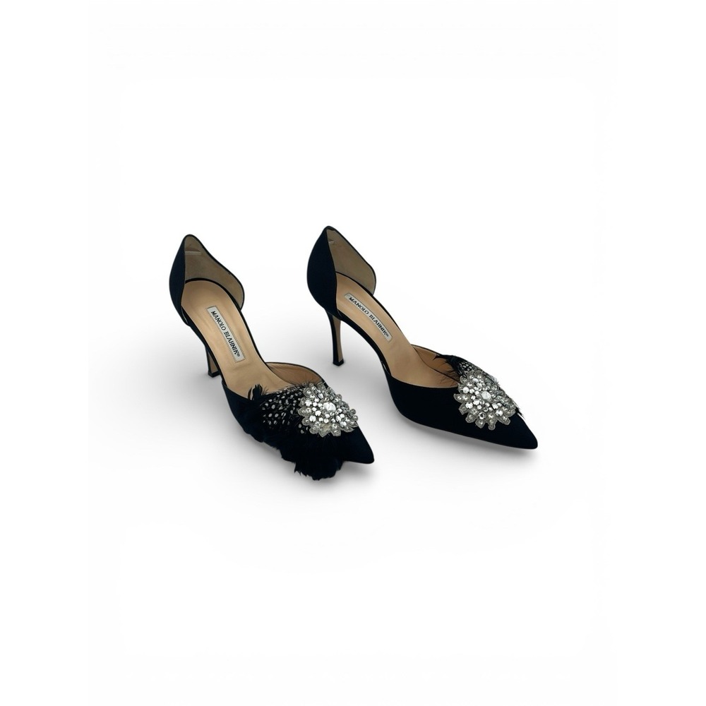 Manolo Blahnik Galleo Pick 90 Arianna Black Crystal Feather Pumps 38.5 US 8.5